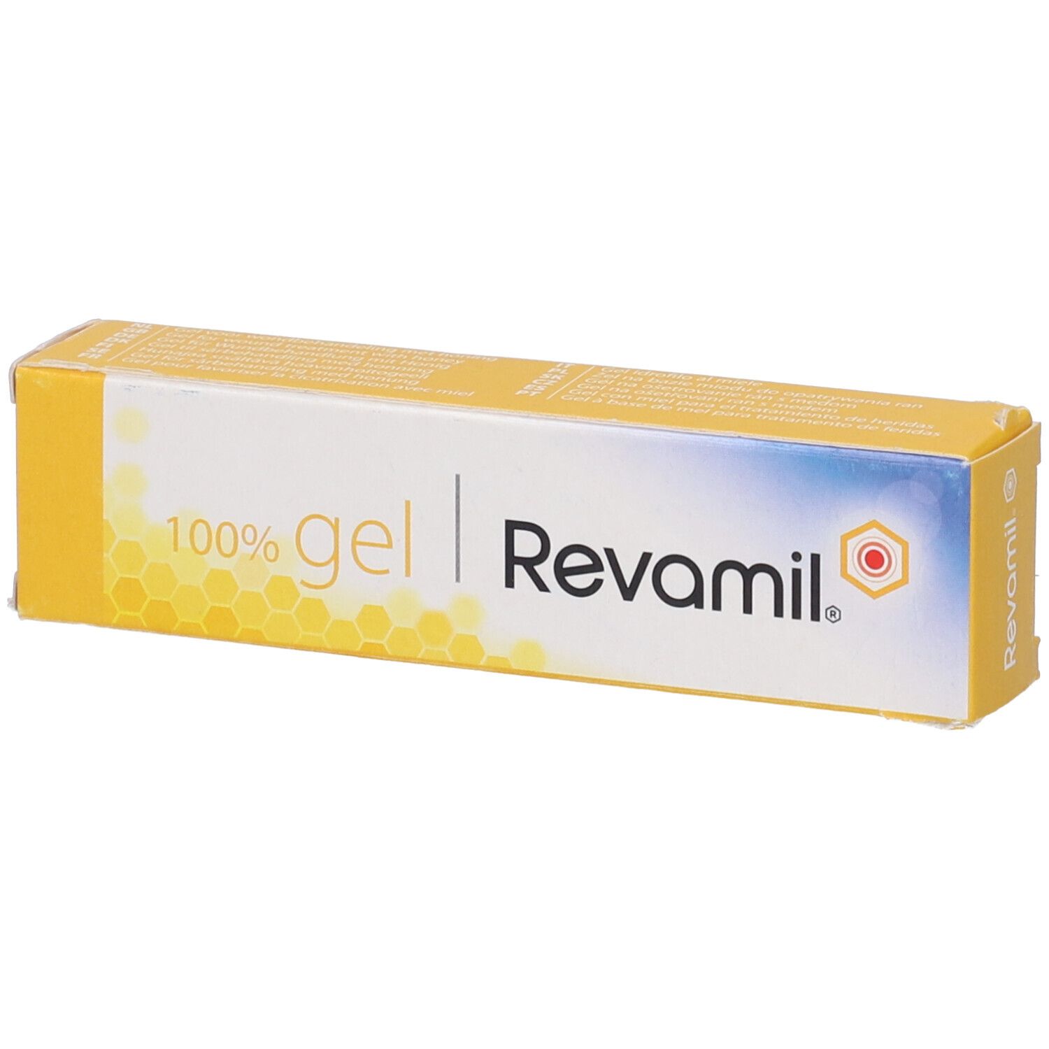 Confezione di gel giallo-bianca con nome e logo del prodotto. Scritta: 100% gel Revamil.