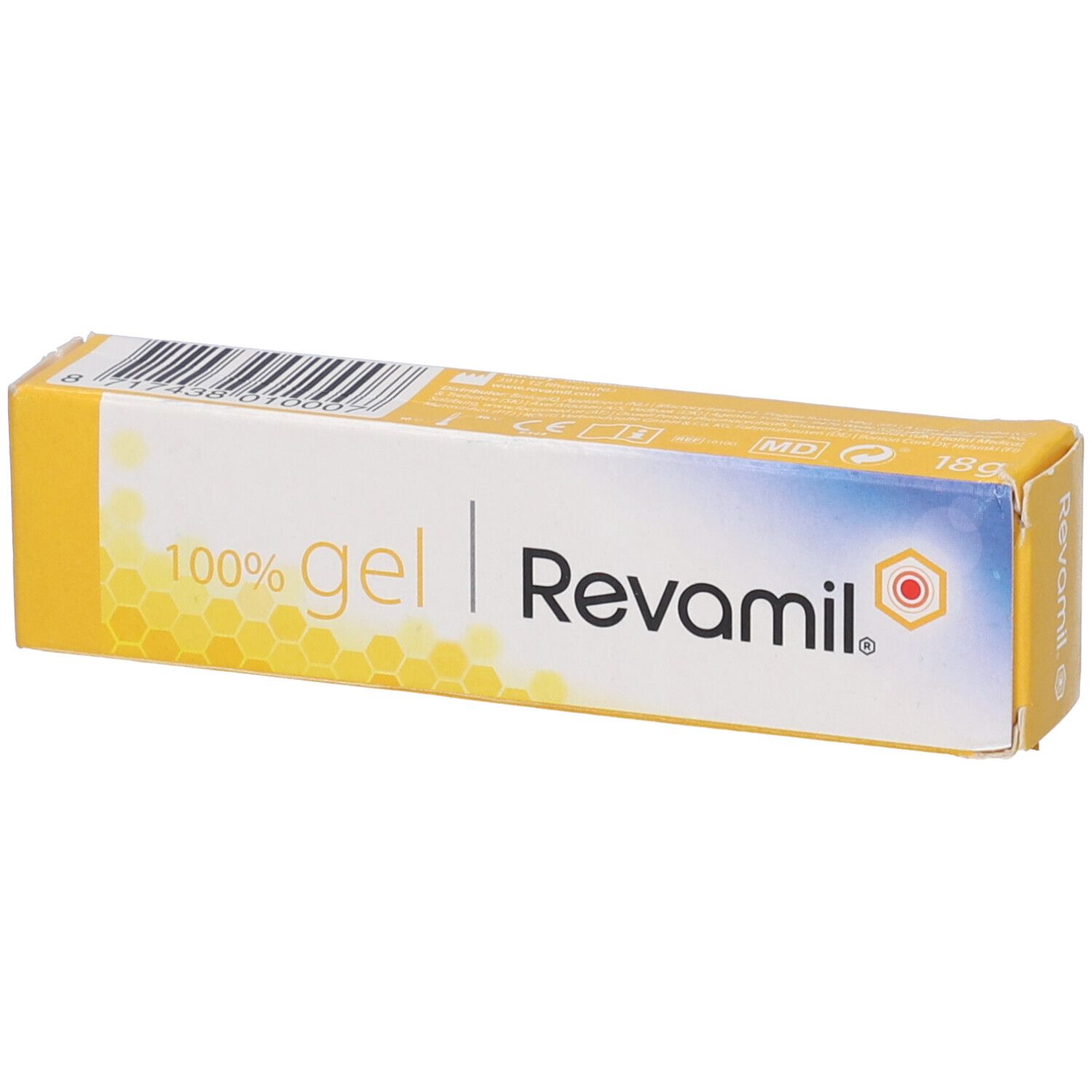 Confezione di gel giallo-bianca con nome e logo del prodotto. Scritta: 100% gel Revamil.