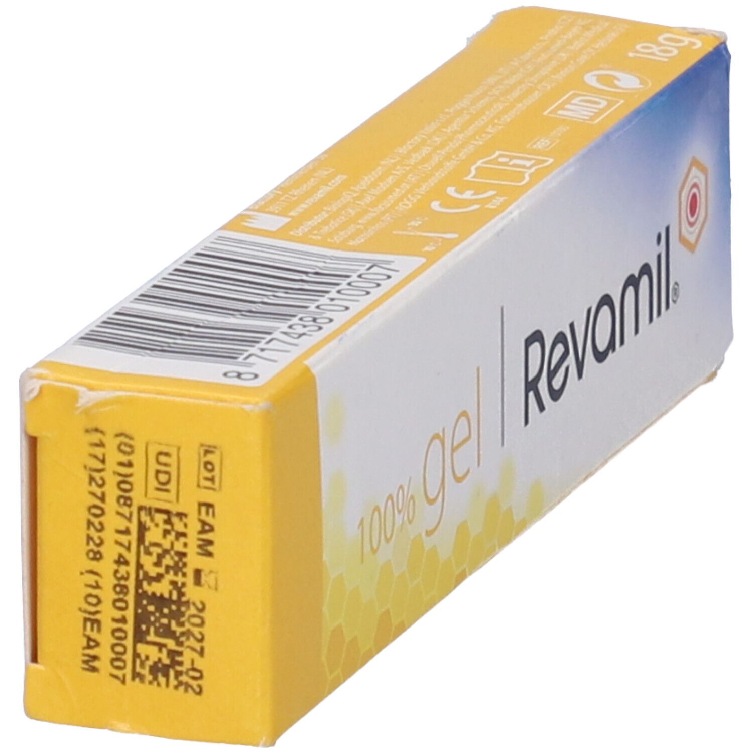 Confezione di gel giallo-bianca con nome e logo del prodotto. Scritta: 100% gel Revamil. Codice a barre e numero di lotto.