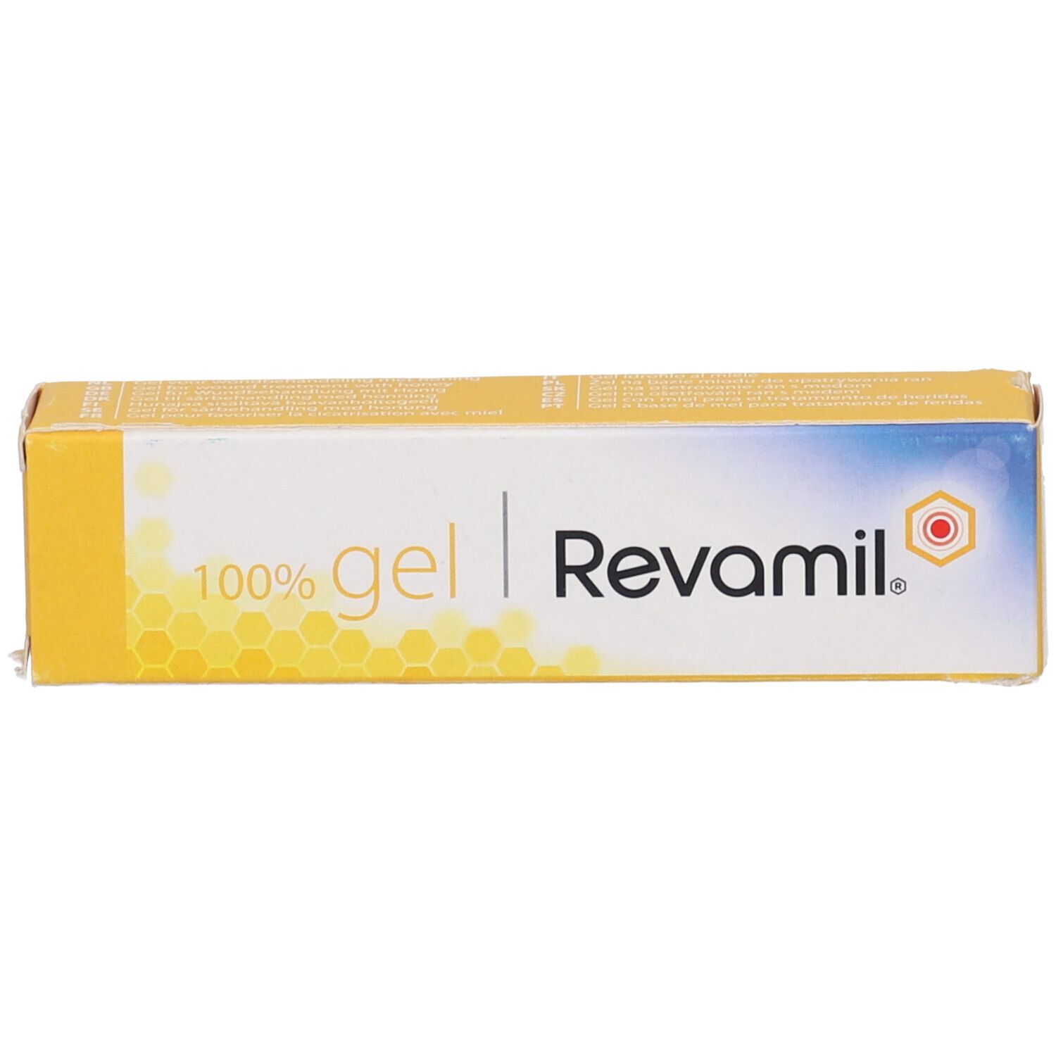 Confezione di gel giallo-bianca con nome e logo del prodotto. Scritta: 100% gel Revamil.
