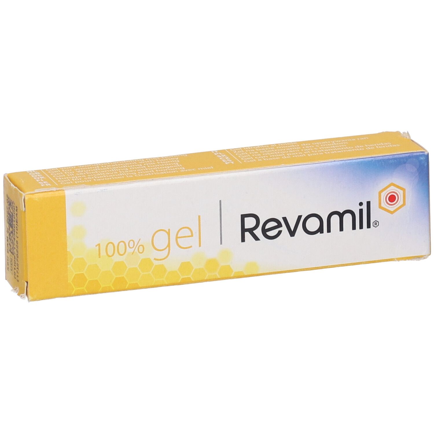 Confezione di gel giallo-bianca con nome e logo del prodotto. Scritta: 100% gel Revamil.