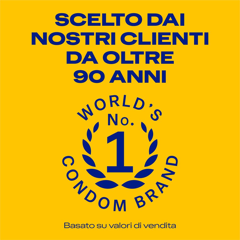 Sfondo giallo con testo blu: "Mondialmente la marca di preservativi N. 1".