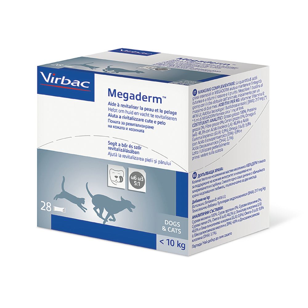 Scatola Megaderm. Confezione bianca con nome e loghi. Contiene informazioni e ingredienti. Per cani e gatti.