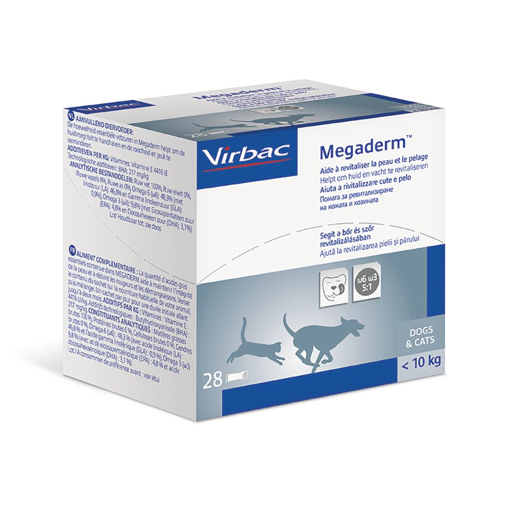 Scatola Megaderm. Confezione bianca con nome e loghi. Contiene informazioni e ingredienti. Per cani e gatti.