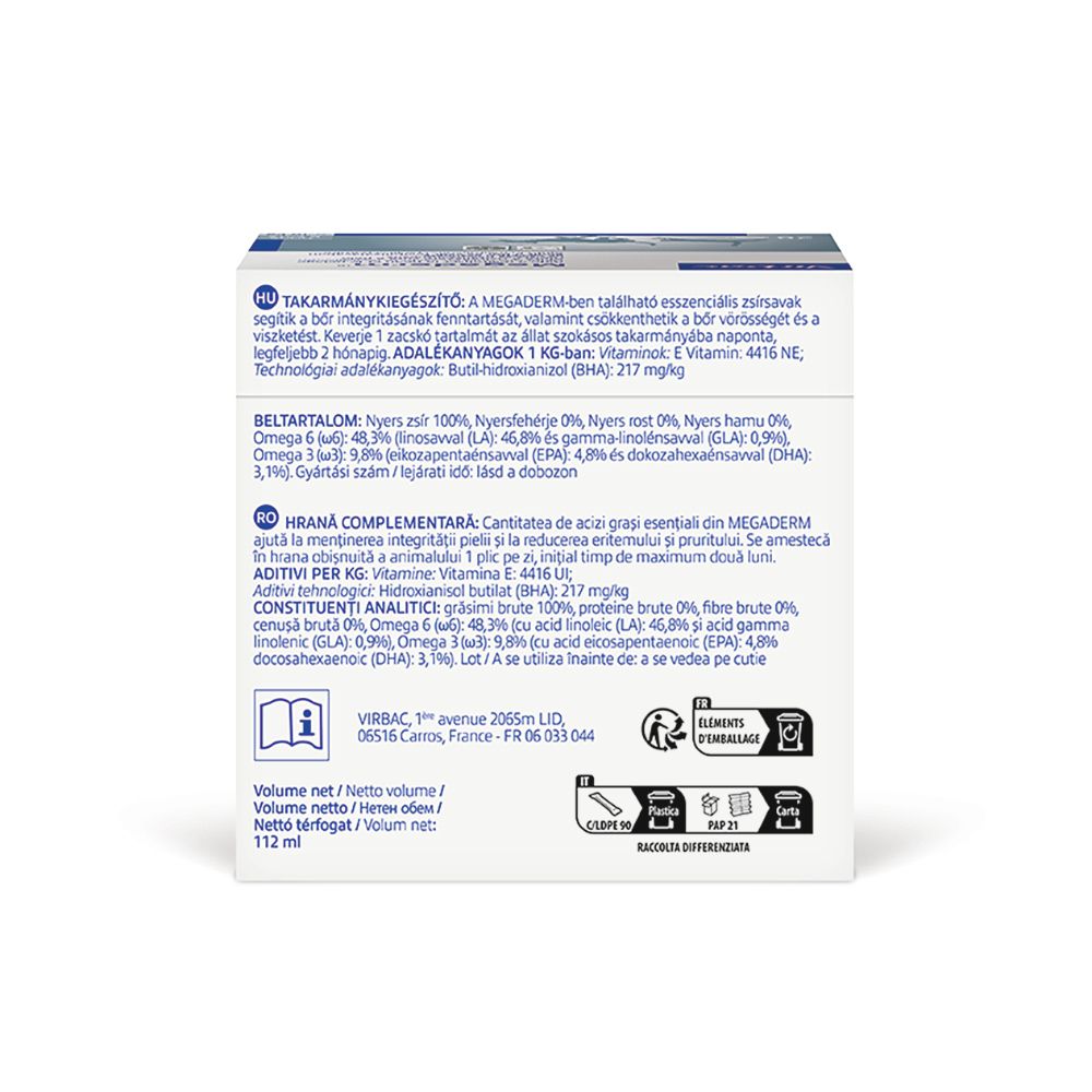 Retro della confezione Megaderm. Contiene informazioni, ingredienti e indirizzo del produttore. Volume 112 ml.