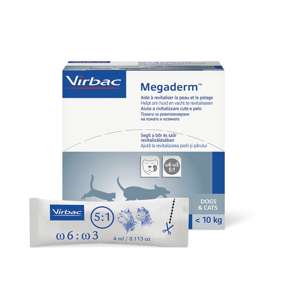 Confezione e bustina Megaderm. Bustina con logo e informazioni. Per cani e gatti. 4 ml.