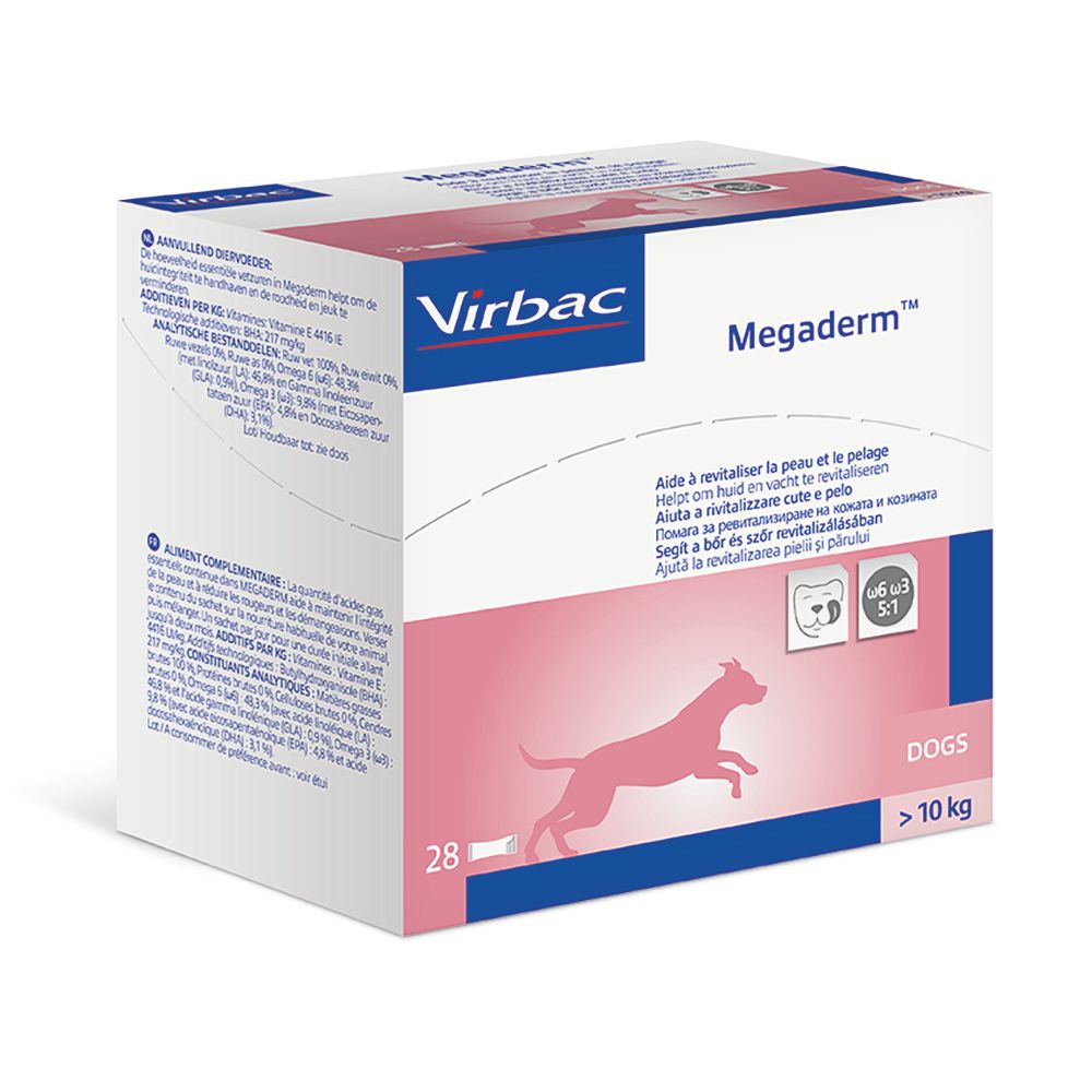 Scatola di Megaderm per cani superiori a 10 kg. Contiene 28 bustine. Informazioni sul confezionamento, rosa e bianco.
