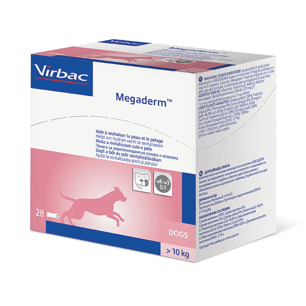 Scatola di Megaderm per cani superiori a 10 kg. Contiene 28 bustine. Informazioni sul confezionamento, rosa e bianco.
