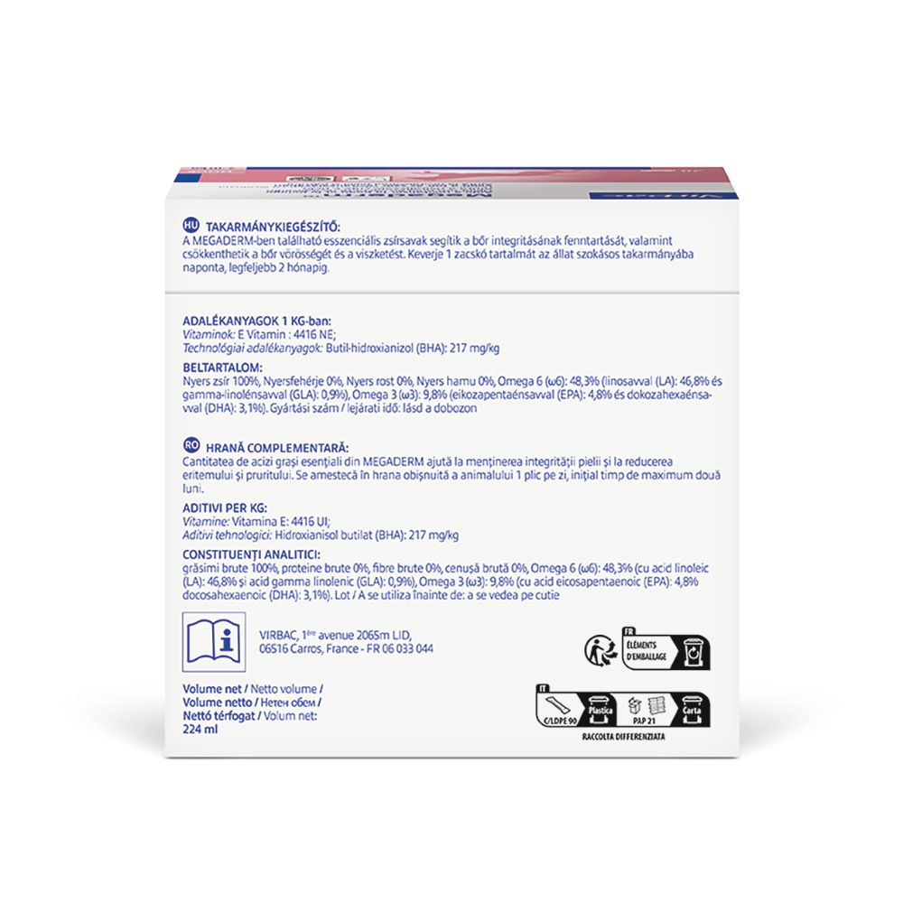 Retro della scatola di Megaderm. Contiene informazioni su ingredienti e analisi. Sfondo bianco.