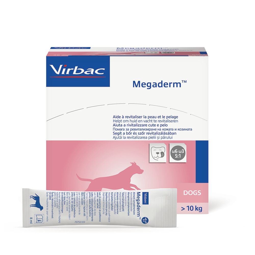 Confezione di Megaderm con una bustina. Contiene 28 bustine. Design rosa e bianco con logo e informazioni.