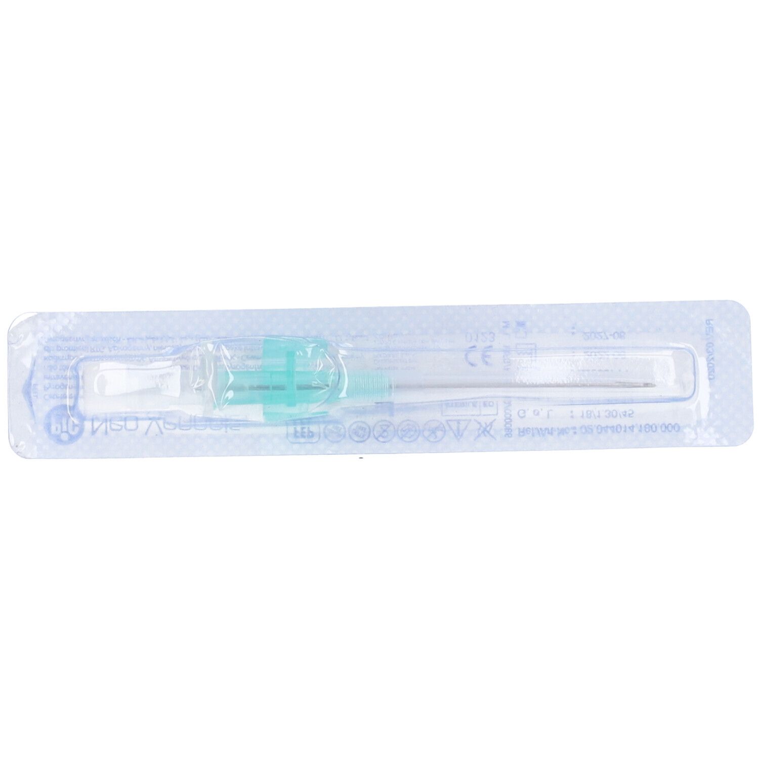 Cannula medica confezionata. Confezione blister trasparente con prodotto.