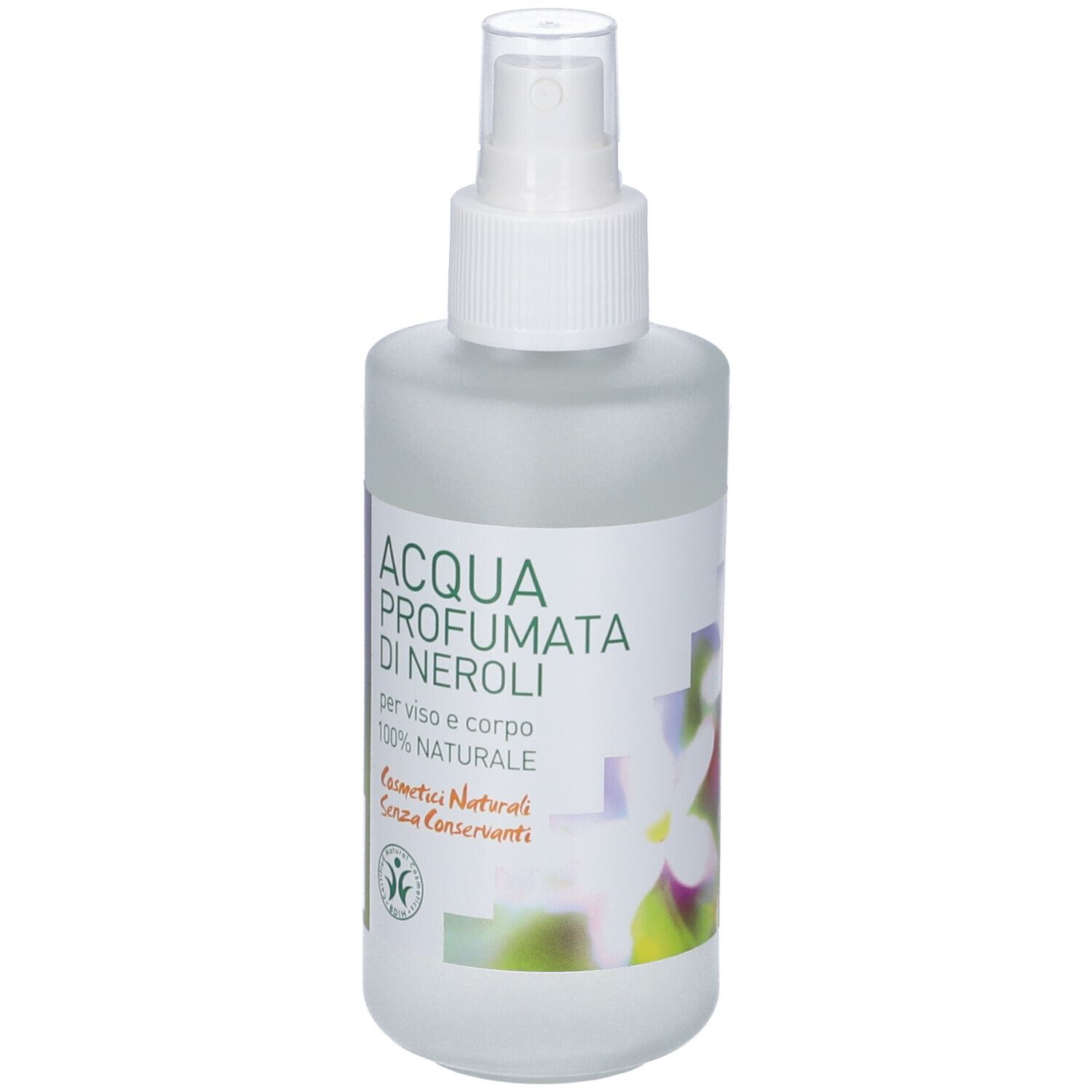 Flacone spray di acqua per il corpo con etichetta. Testo: Acqua Profumata Di Neroli, 100% Natural, Argital. Su sfondo bianco.