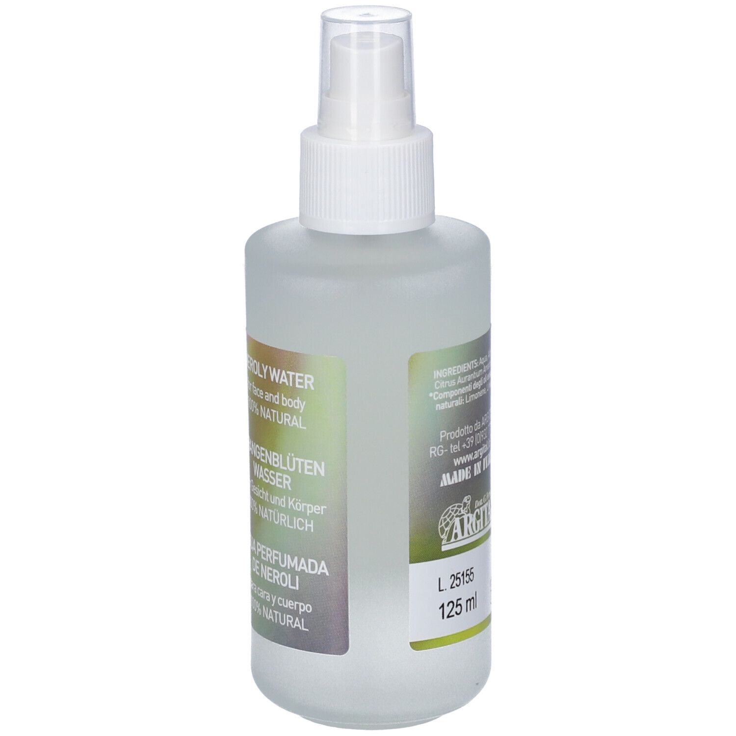 Flacone spray di acqua per il corpo con etichetta. Testo: Acqua Profumata Di Neroli, 100% Natural, Argital. Su sfondo bianco.