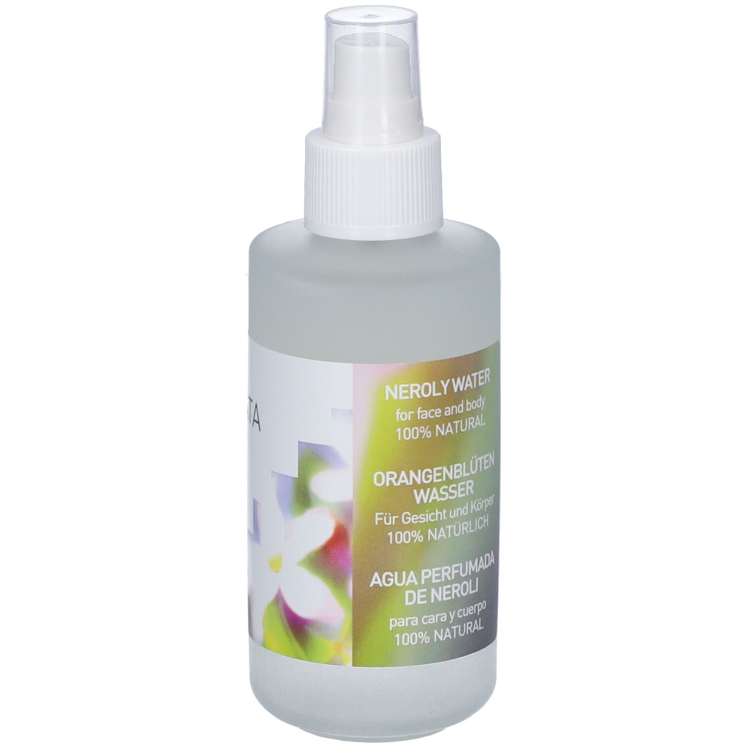Flacone spray di acqua per il corpo con etichetta. Testo: Acqua Profumata Di Neroli, 100% Natural, Argital. Su sfondo bianco.