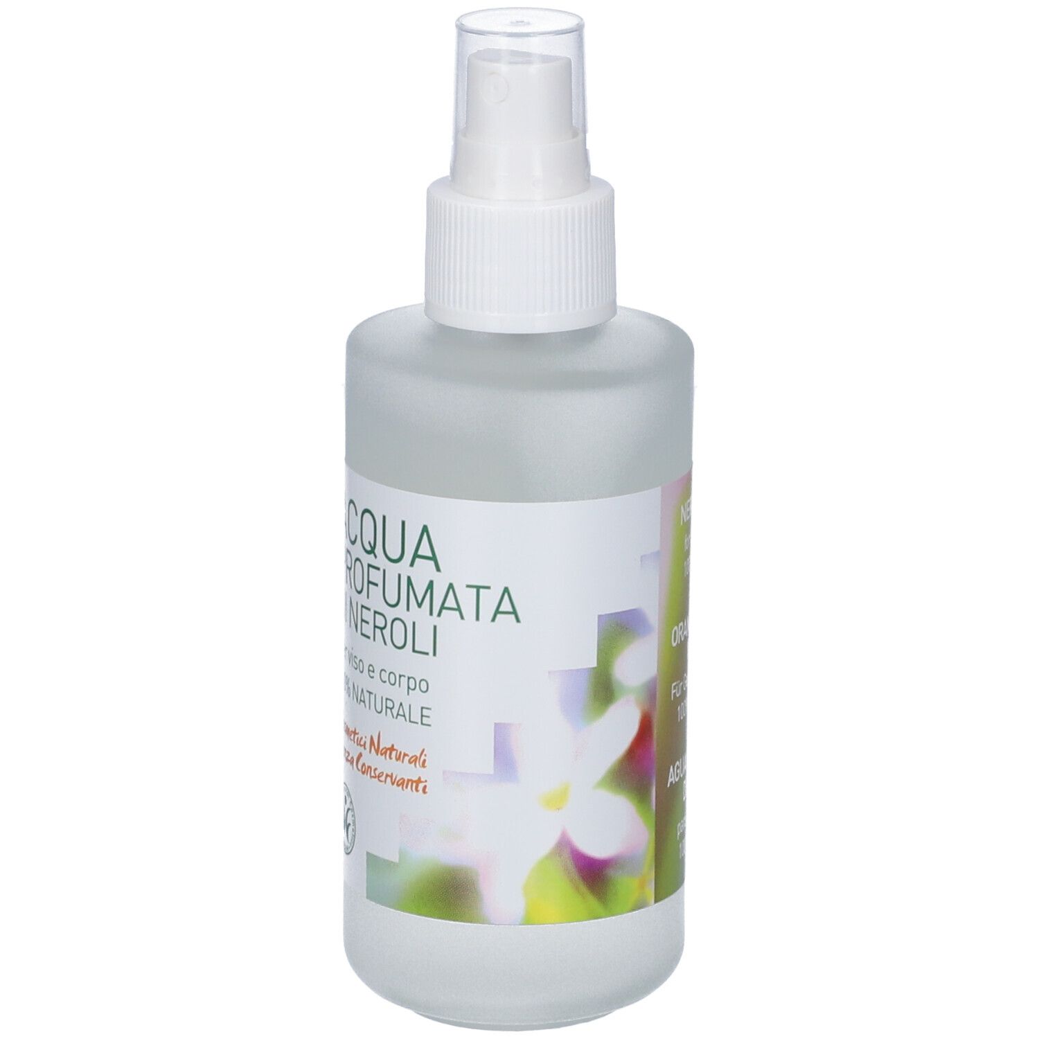 Flacone spray di acqua per il corpo con etichetta. Testo: Acqua Profumata Di Neroli, 100% Natural, Argital. Su sfondo bianco.