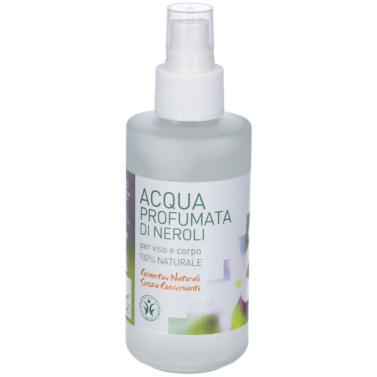 Flacone spray di acqua per il corpo con etichetta. Testo: Acqua Profumata Di Neroli, 100% Natural, Argital. Su sfondo bianco.