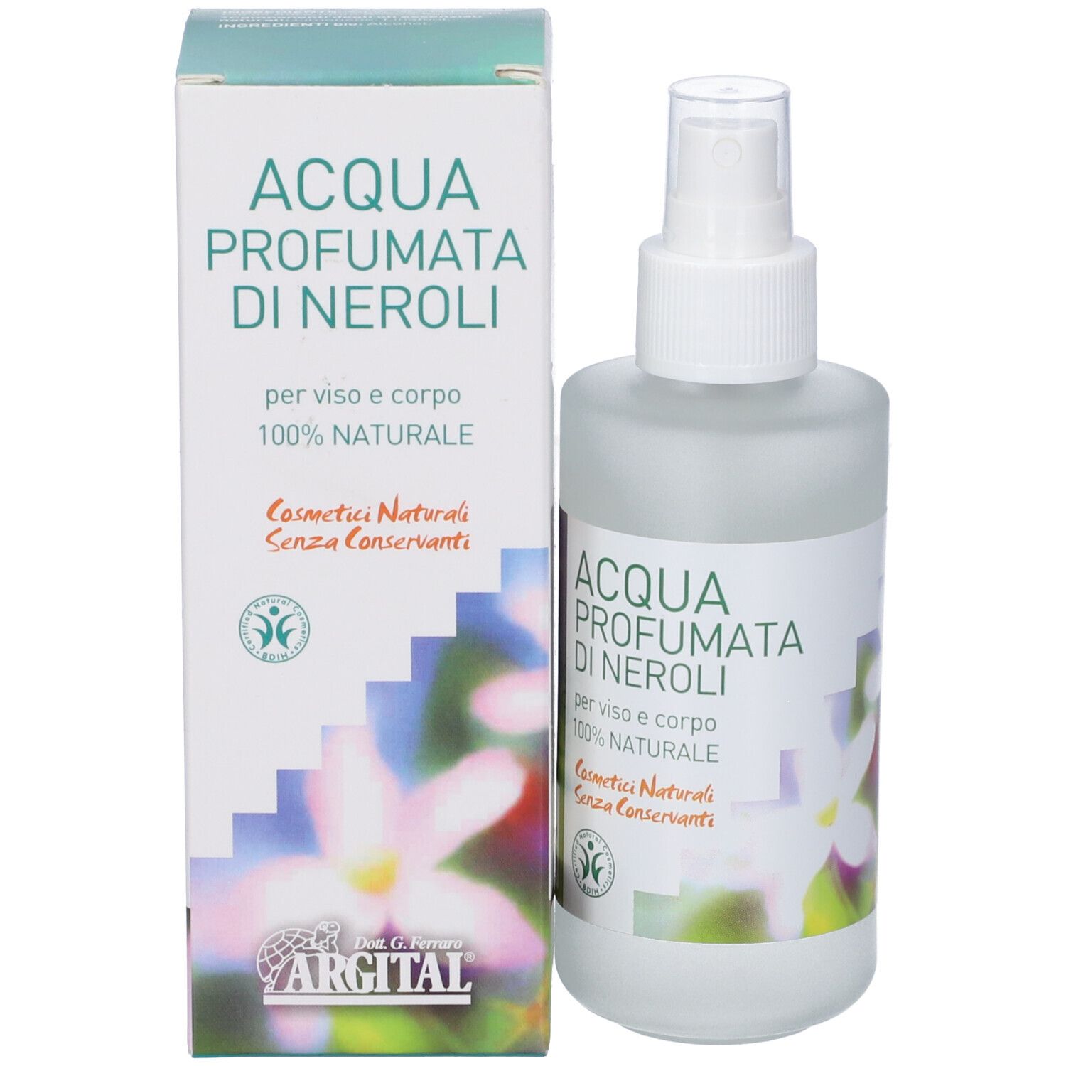 Flacone spray di acqua per il corpo con etichetta. Testo: Acqua Profumata Di Neroli, 100% Natural, Argital. Con confezione in cartone.