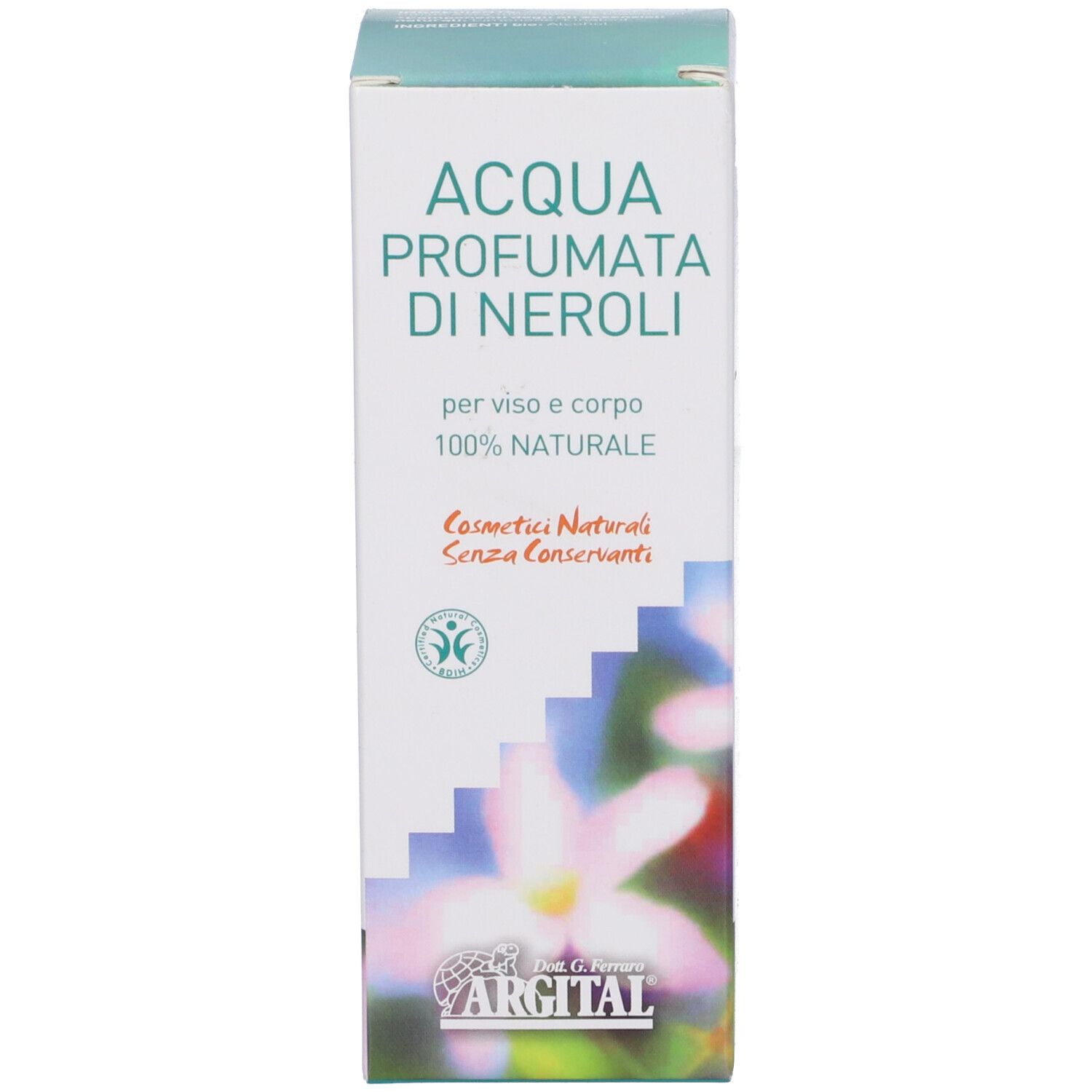 Confezione in cartone con testo: Acqua Profumata Di Neroli, 100% Natural, Argital. Su sfondo bianco.