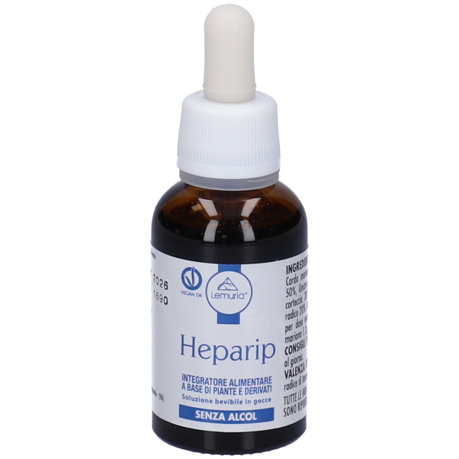 Flacone di vetro marrone con contagocce. Etichetta Heparip. Soluzione in gocce. Senza alcool.