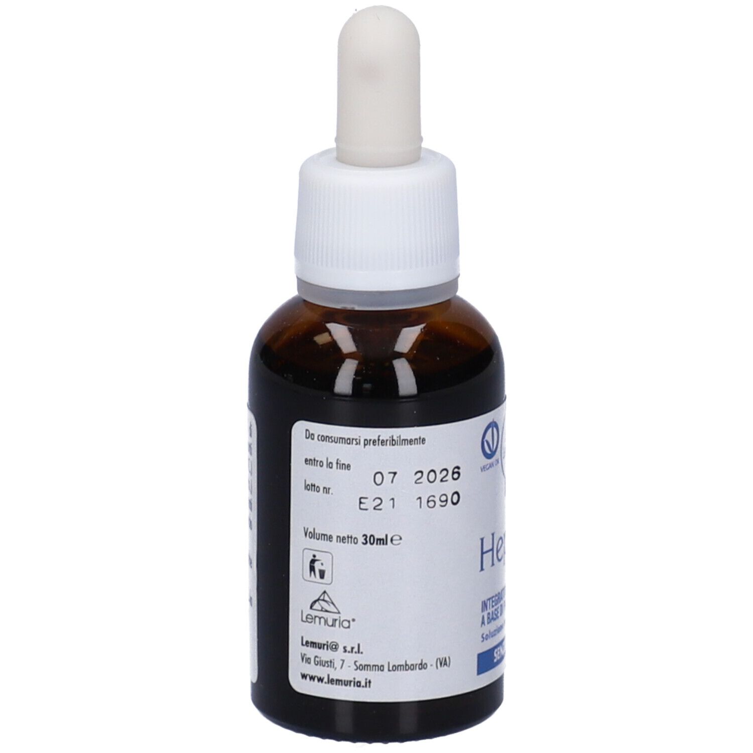 Flacone di vetro marrone con contagocce. Etichetta Heparip. Soluzione in gocce. Senza alcool.