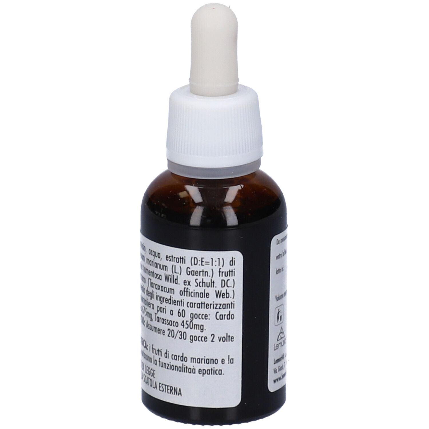 Flacone di vetro marrone con contagocce. Etichetta Heparip. Soluzione in gocce. Senza alcool.