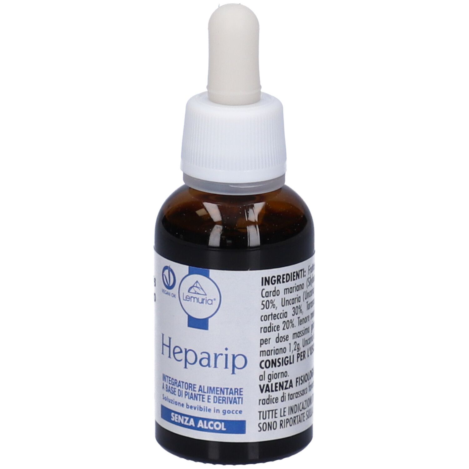 Flacone di vetro marrone con contagocce. Etichetta Heparip. Soluzione in gocce. Senza alcool.