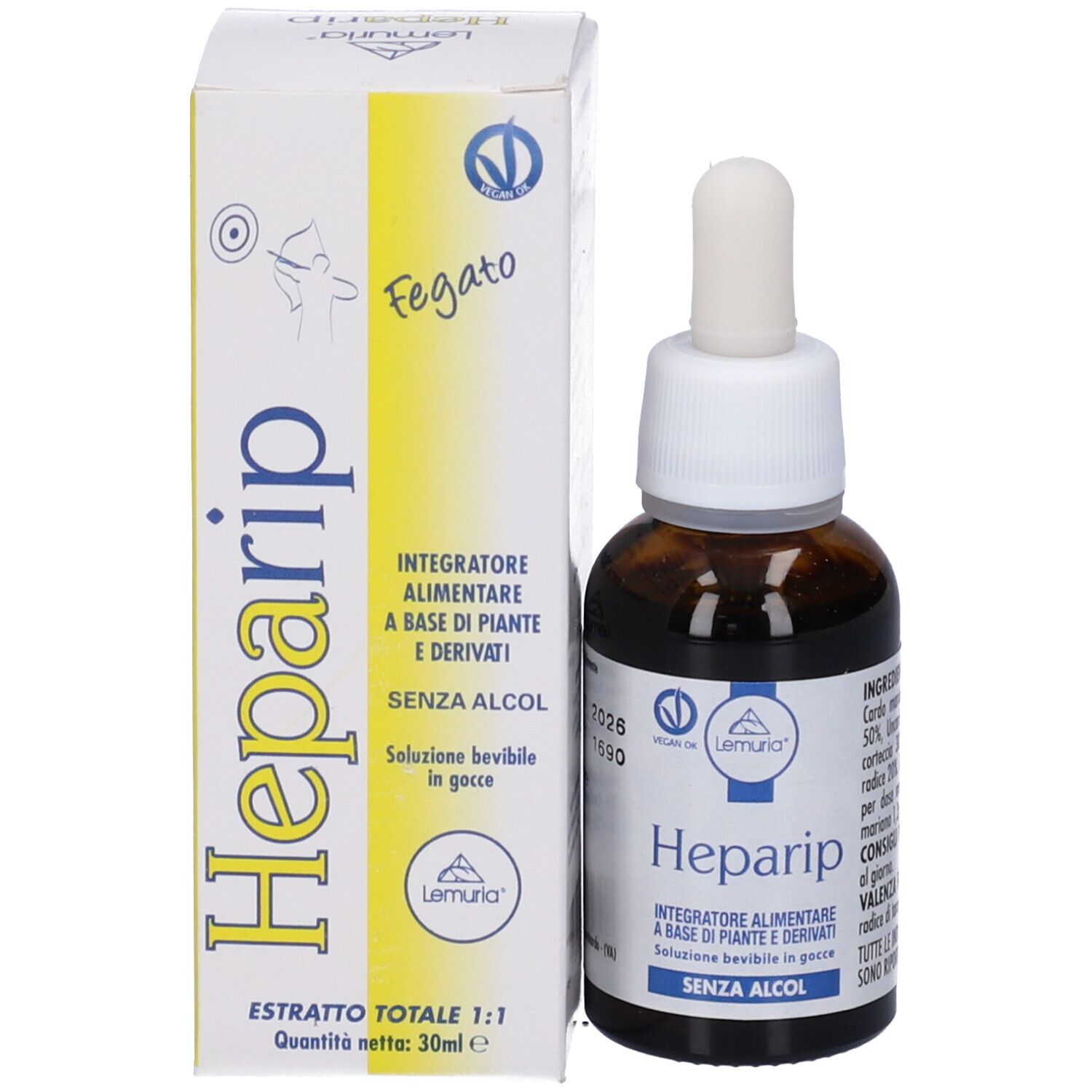 Flacone marrone con contagocce e scatola. Etichetta Heparip. Soluzione in gocce. Senza alcool.