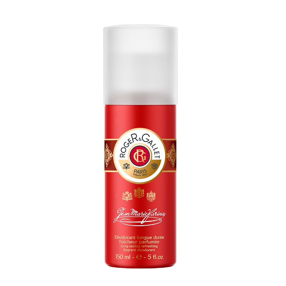 Flacone spray deodorante rosso con tappo bianco. Logo Roger & Gallet. Testo: Deodorant longue durée, 150 ml.