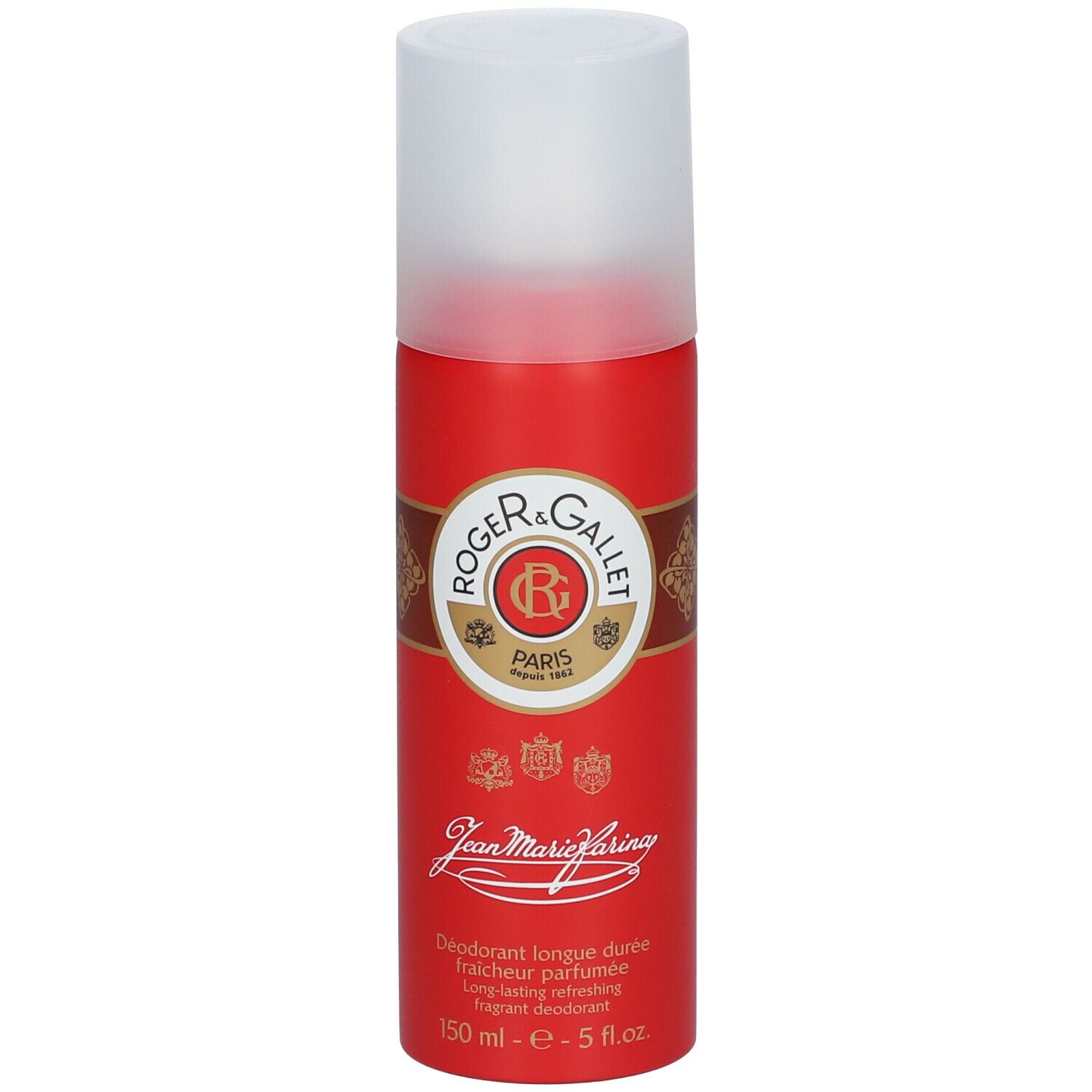 Flacone spray deodorante rosso con tappo bianco. Logo Roger & Gallet. Testo: Deodorant longue durée, 150 ml.