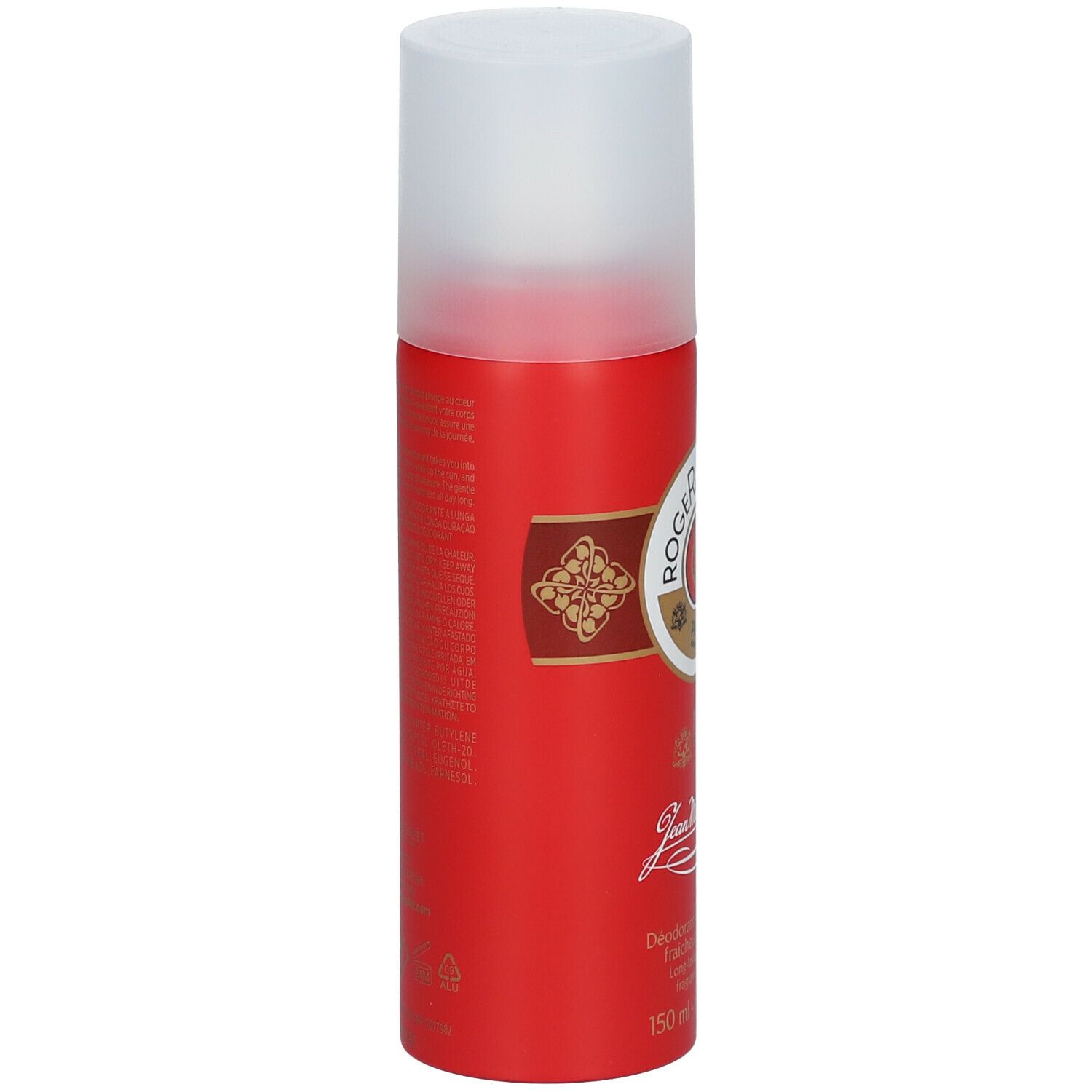 Flacone spray deodorante rosso con tappo bianco. Logo Roger & Gallet. Testo: Deodorant longue durée, 150 ml.