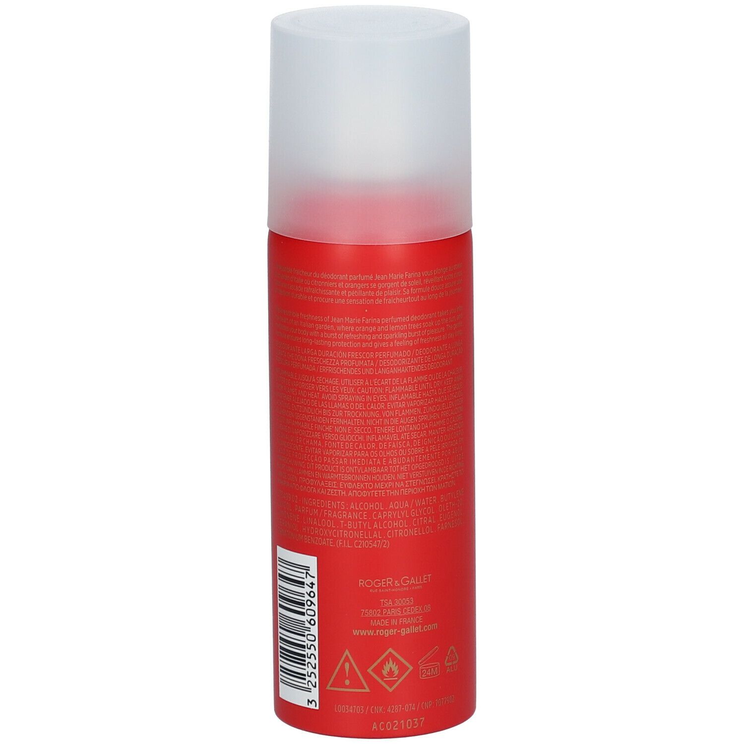 Flacone spray deodorante rosso con tappo bianco. Retro con testo e codice a barre. Logo Roger & Gallet.