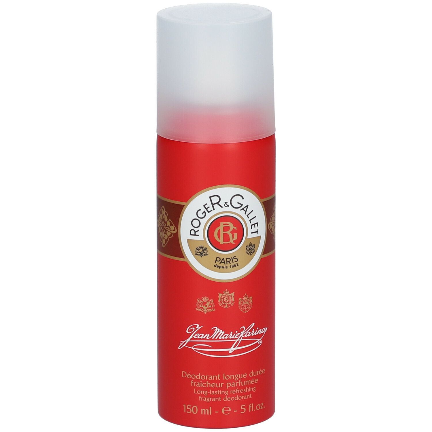 Flacone spray deodorante rosso con tappo bianco. Logo Roger & Gallet. Testo: Deodorant longue durée, 150 ml.