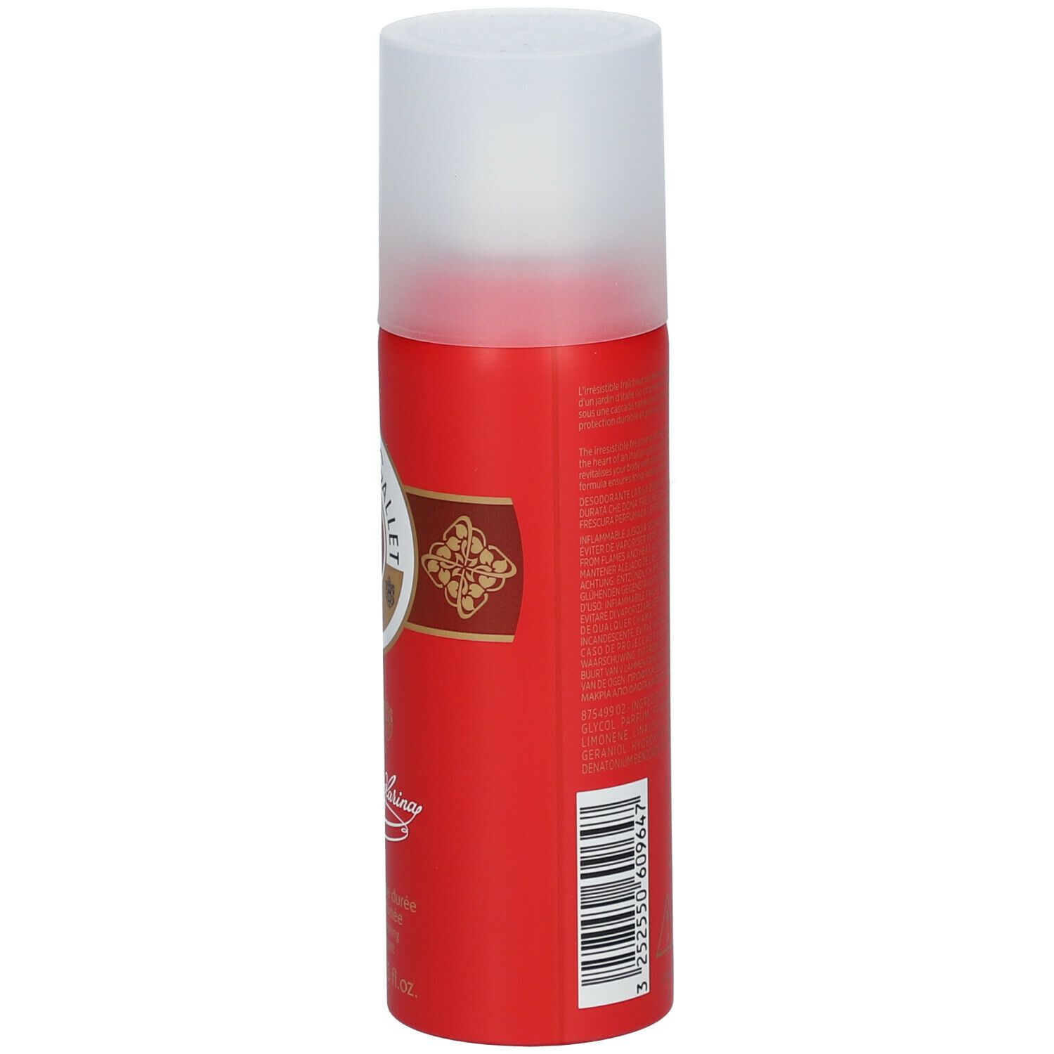 Flacone spray deodorante rosso con tappo bianco. Retro con testo e codice a barre. Logo Roger & Gallet.