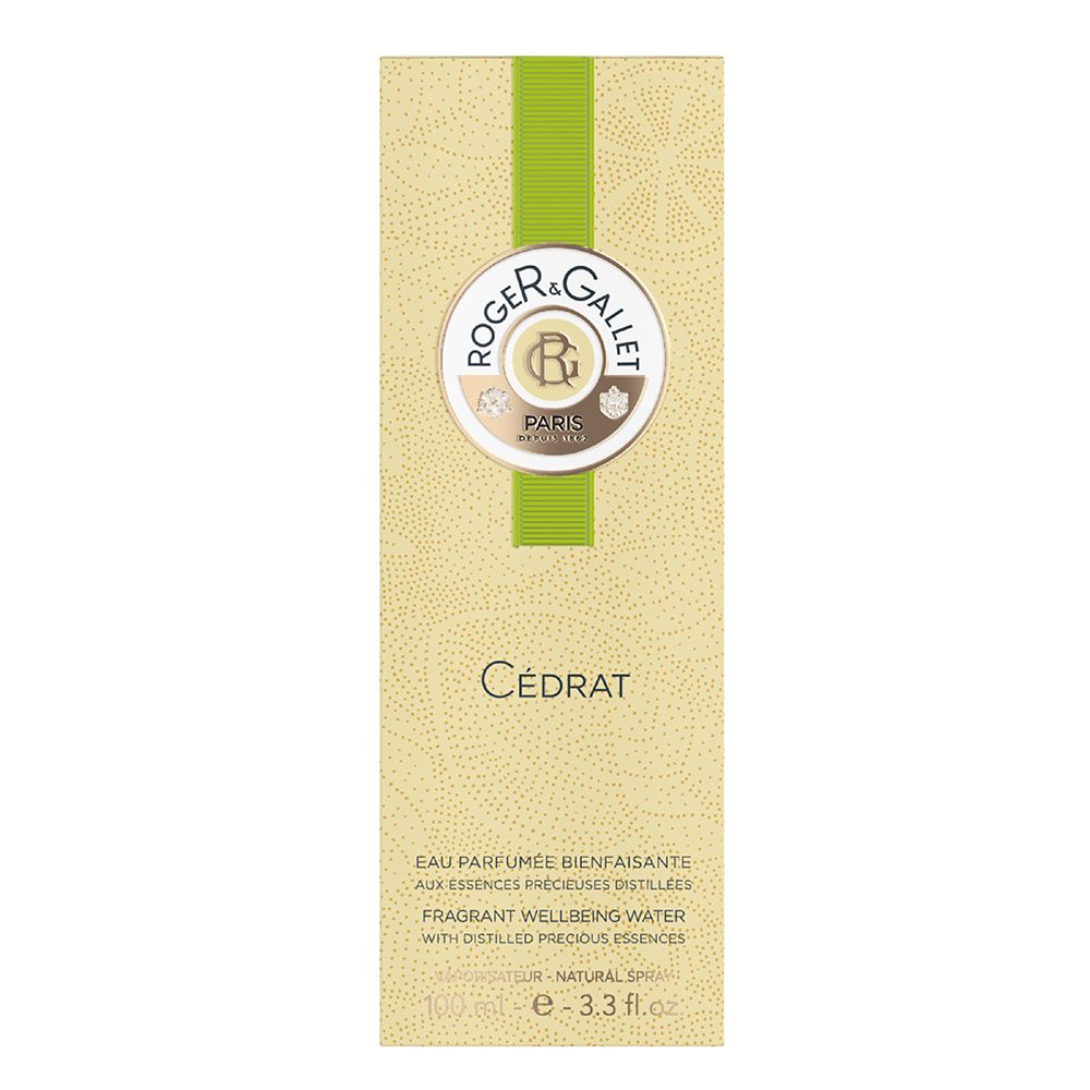 Confezione rettangolare. Striscia verde e logo. Testo: Cédrat, Roger & Gallet.