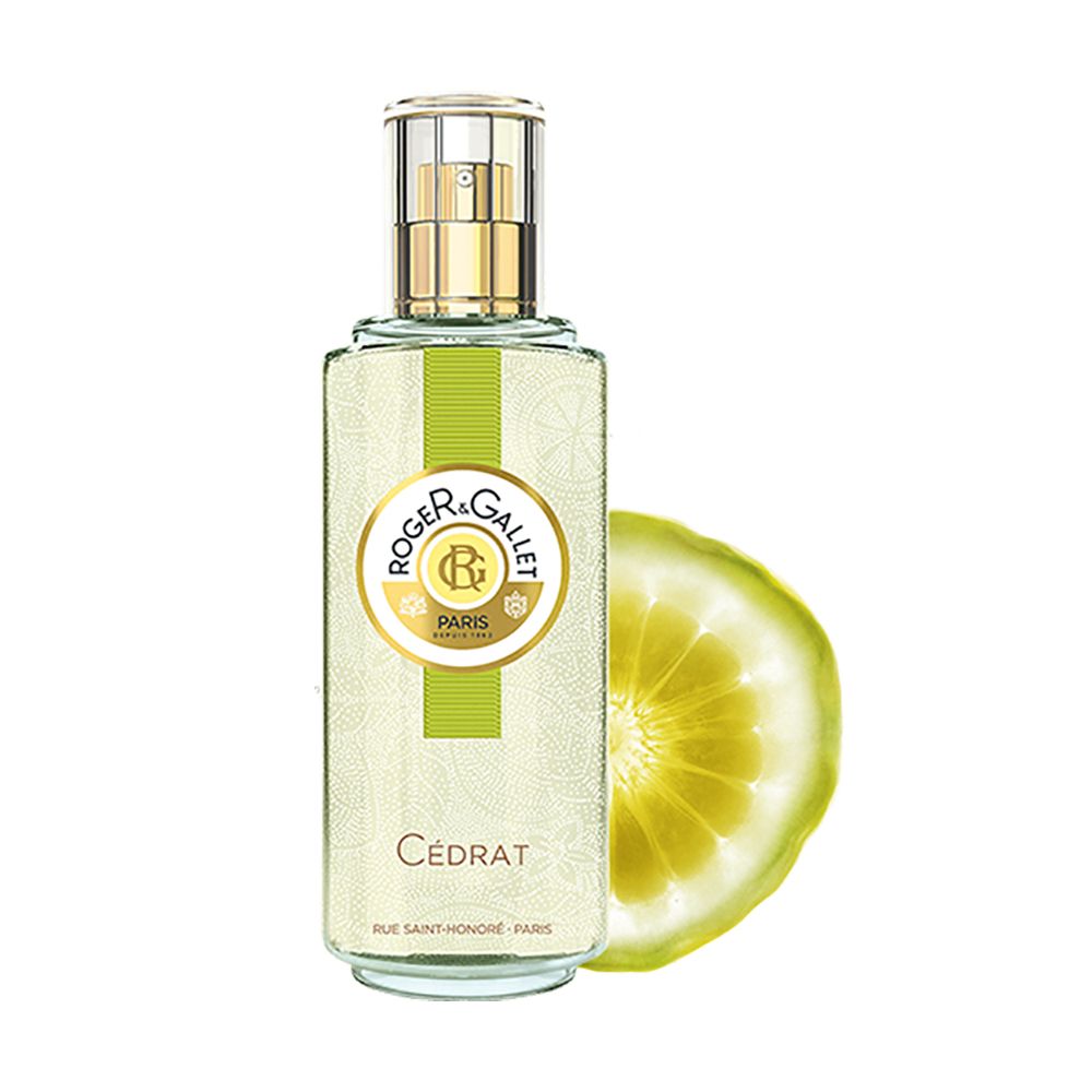 Flacone con vaporizzatore e fetta di limone. Striscia verde e logo. Testo: Cédrat, Roger & Gallet.