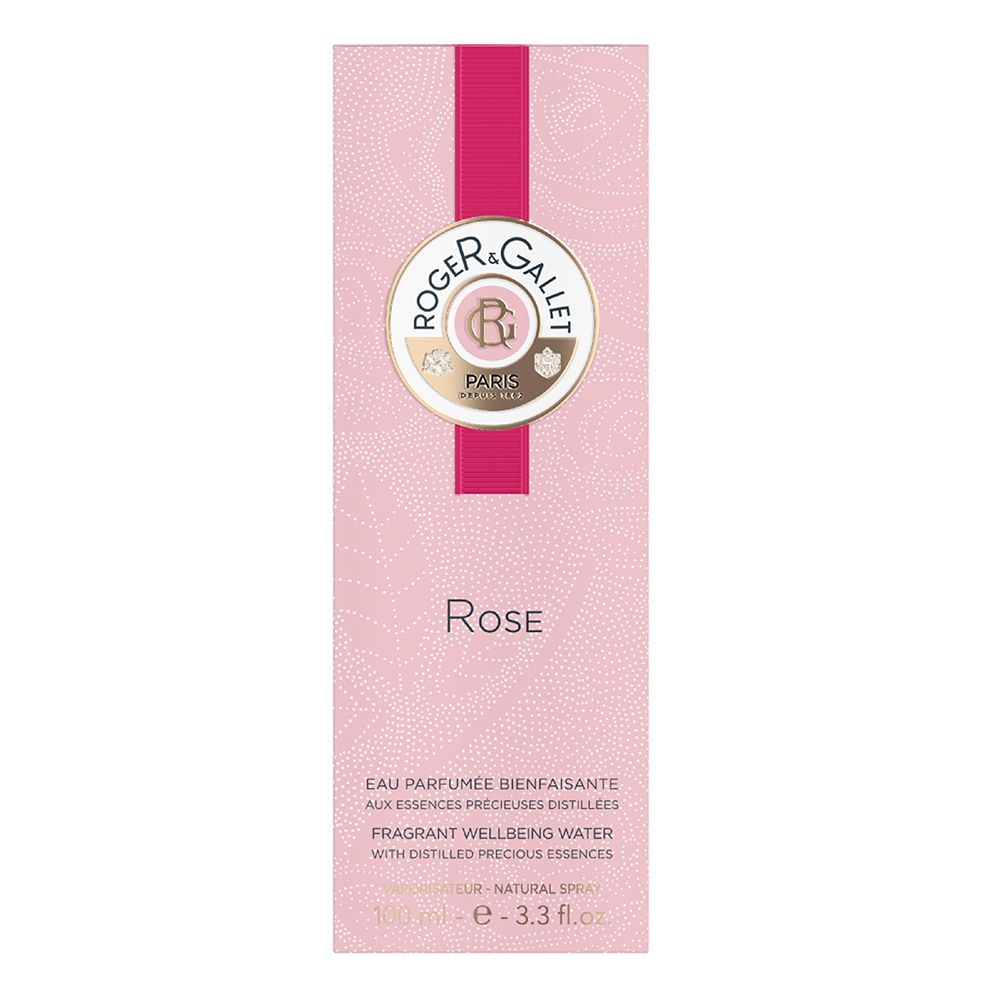 Confezione rosa con logo Roger & Gallet, scritta Rose. Testo: Eau Parfumée Bienfaisante, Fragrant Wellbeing Water.