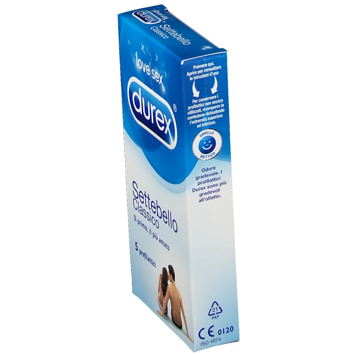 Confezione Durex Settebello Classico, angolata. Scatola blu e bianca con informazioni e logo.