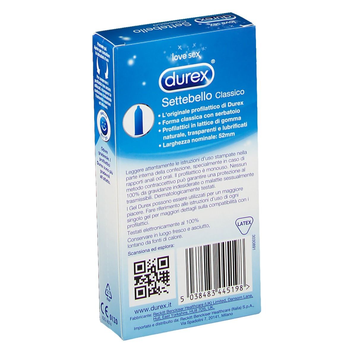 Retro della confezione Durex Settebello Classico. Informazioni testuali, codice QR e logo.