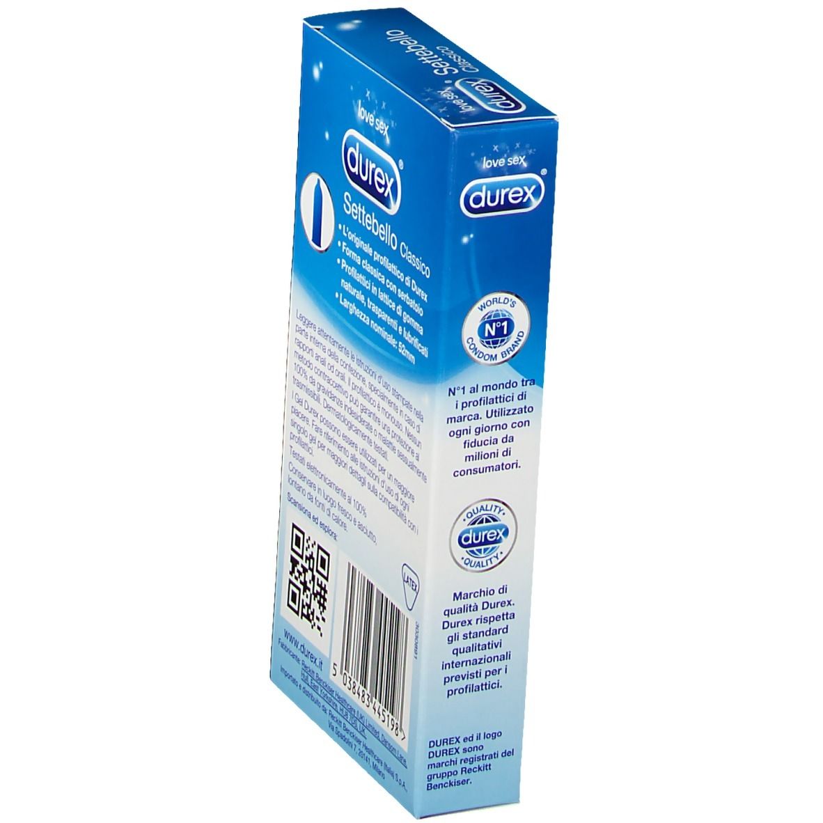 Confezione Durex Settebello Classico, angolata. Testo, logo e codice QR sulla confezione.