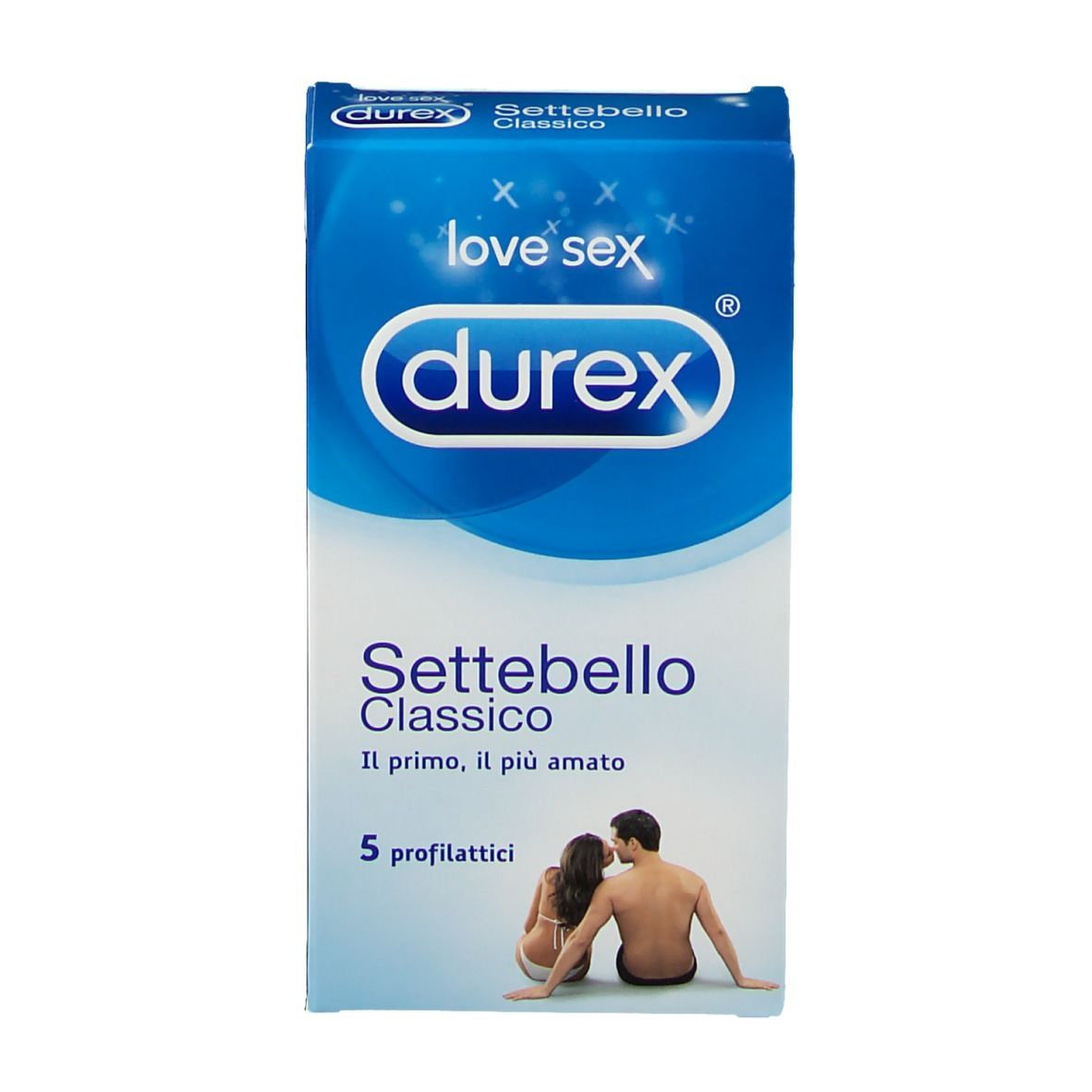 Confezione Durex Settebello Classico. Scatola blu e bianca con nome e logo. Contiene 5 profilattici.