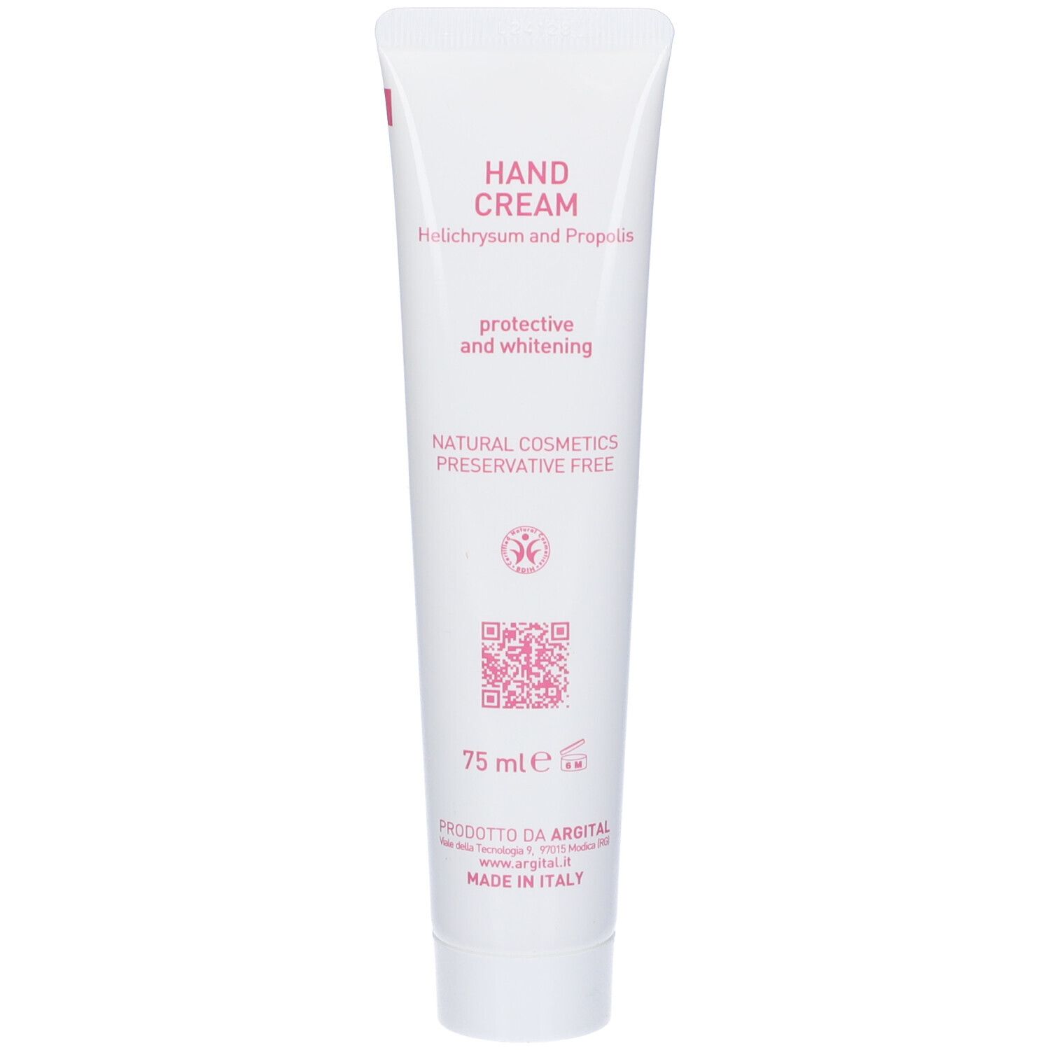 Tubo bianco con 'Hand Cream'. Grafica rosa e QR code. '75 ml' e logo.