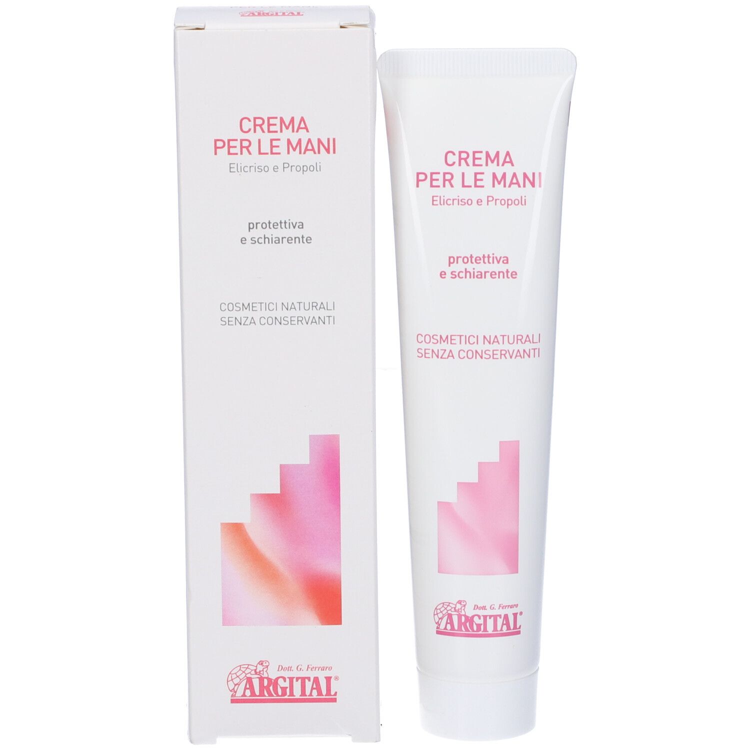 Confezione con tubo e scatola. Tubo: 'Crema per le Mani'. Scatola: stessa scritta.