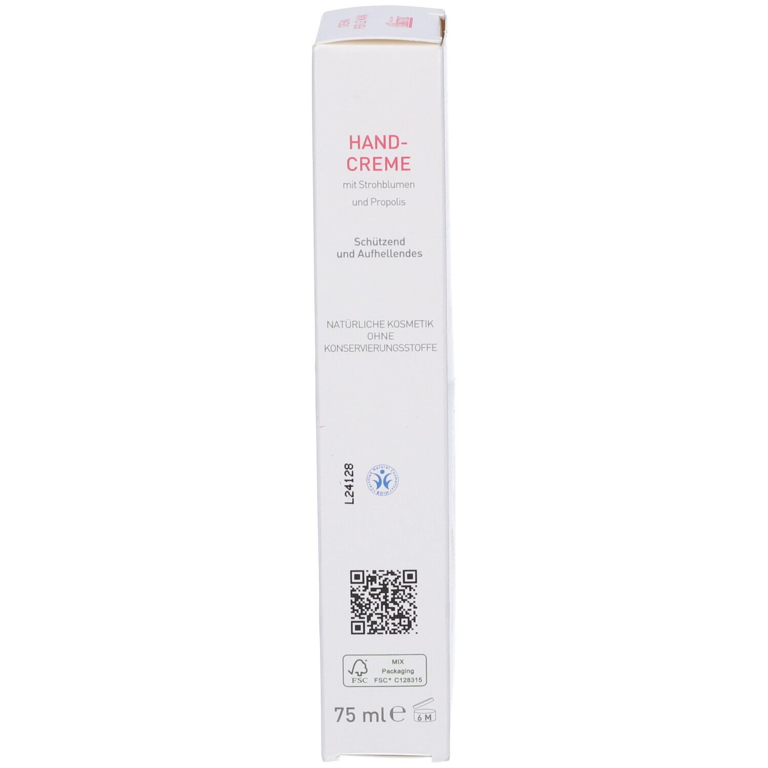 Scatola bianca con 'Handcreme'. Grafica rosa e QR code. '75 ml' e logo.