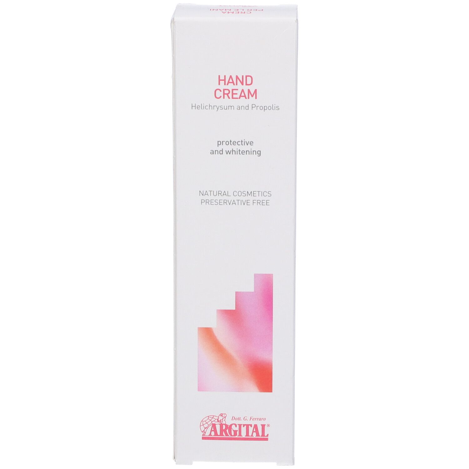 Scatola bianca con 'Hand Cream'. Grafica rosa e QR code. Logo e testo.