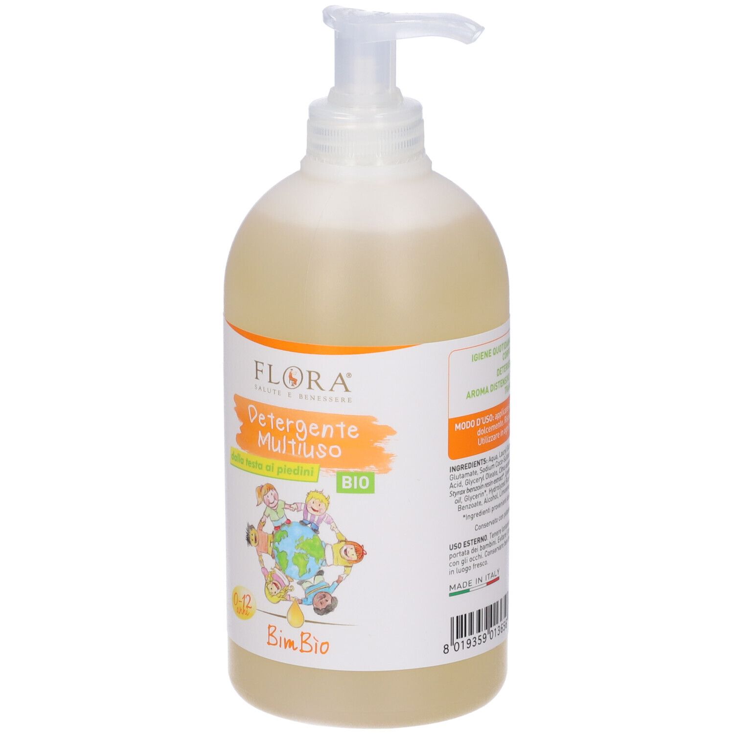 Flacone con dosatore. Etichetta con informazioni sul prodotto. Scritta: Bim.Bio.
