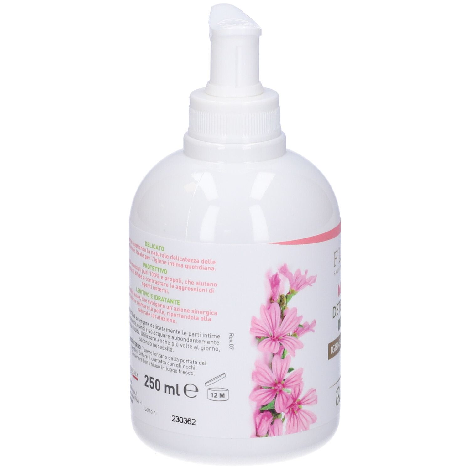 Flacone bianco con dosatore. Scritta: 250 ml e. Testo con ingredienti e uso. Decorazione floreale rosa.