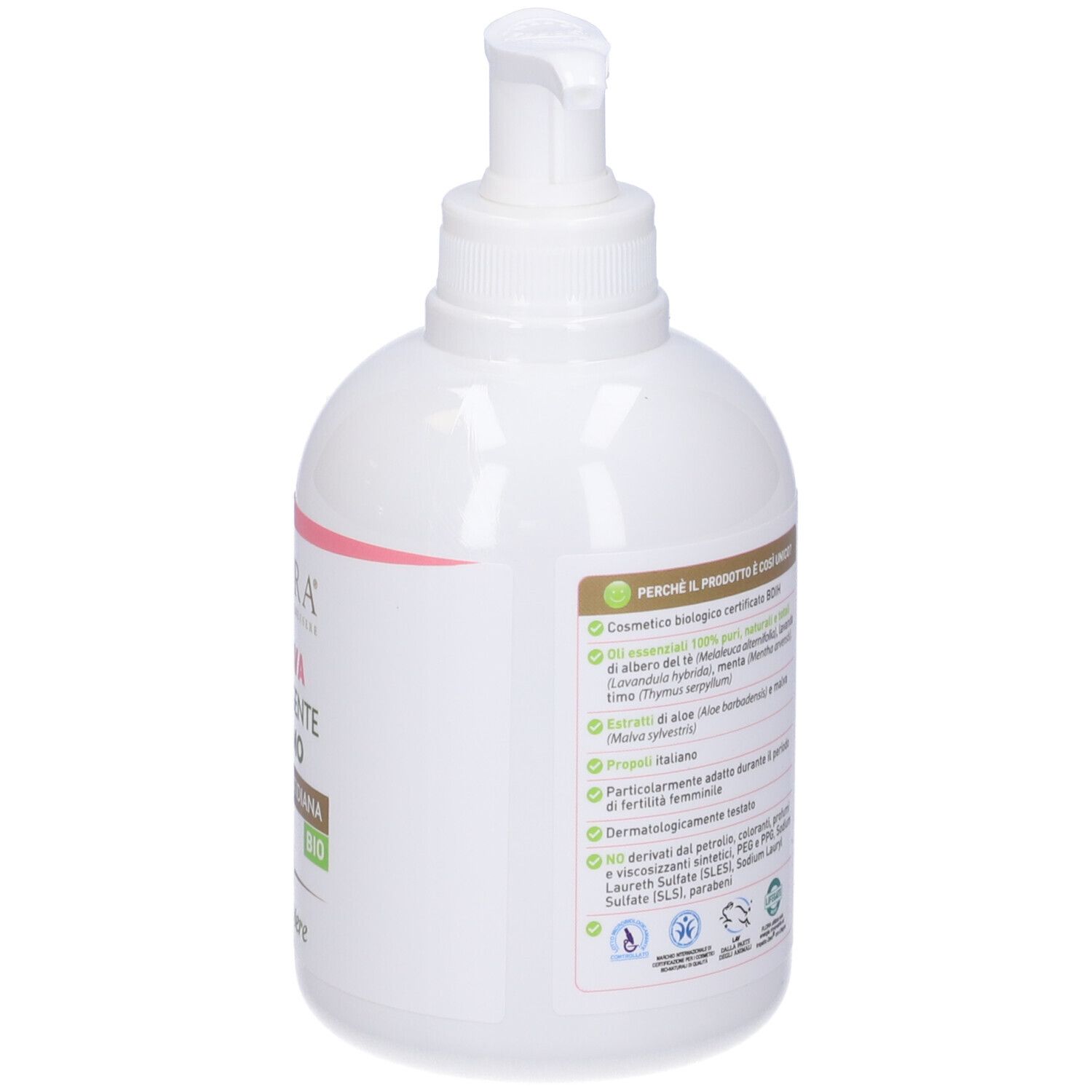 Flacone bianco con dosatore. Testo con ingredienti. Scritta: BIO. Made in Italy. Eco-etichette.