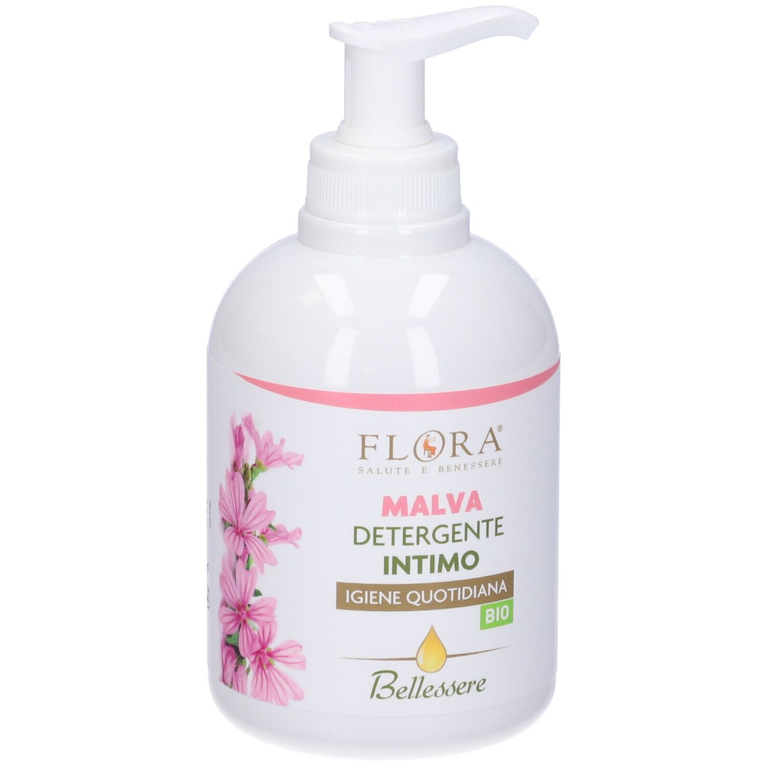 Flacone bianco con dosatore. Scritta: FLORA, MALVA DETERGENTE INTIMO, BIO. Decorazione floreale rosa.