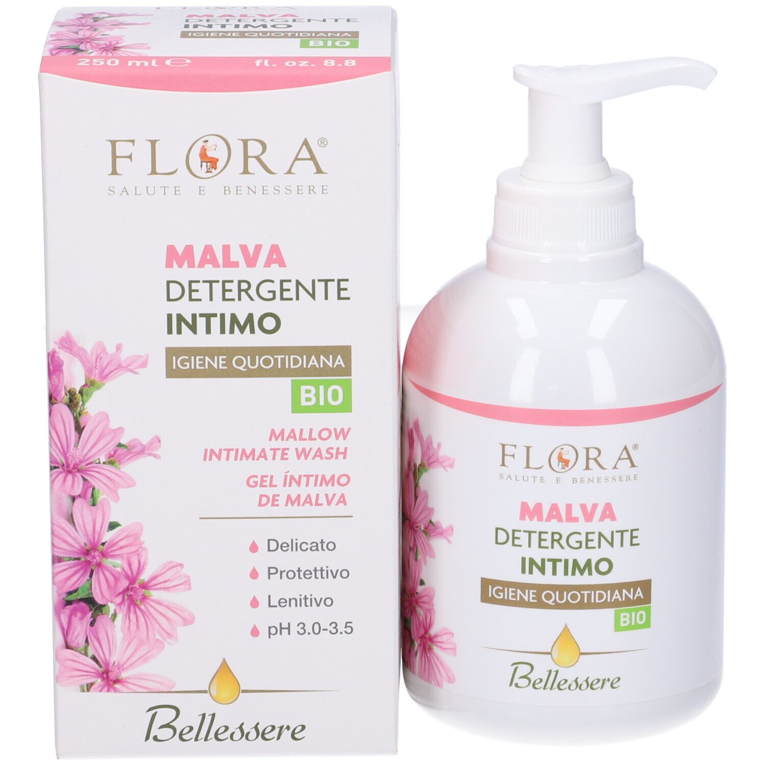 Prodotto e confezione. Flacone bianco con dosatore e scatola. Scritta: FLORA, MALVA DETERGENTE INTIMO, BIO.