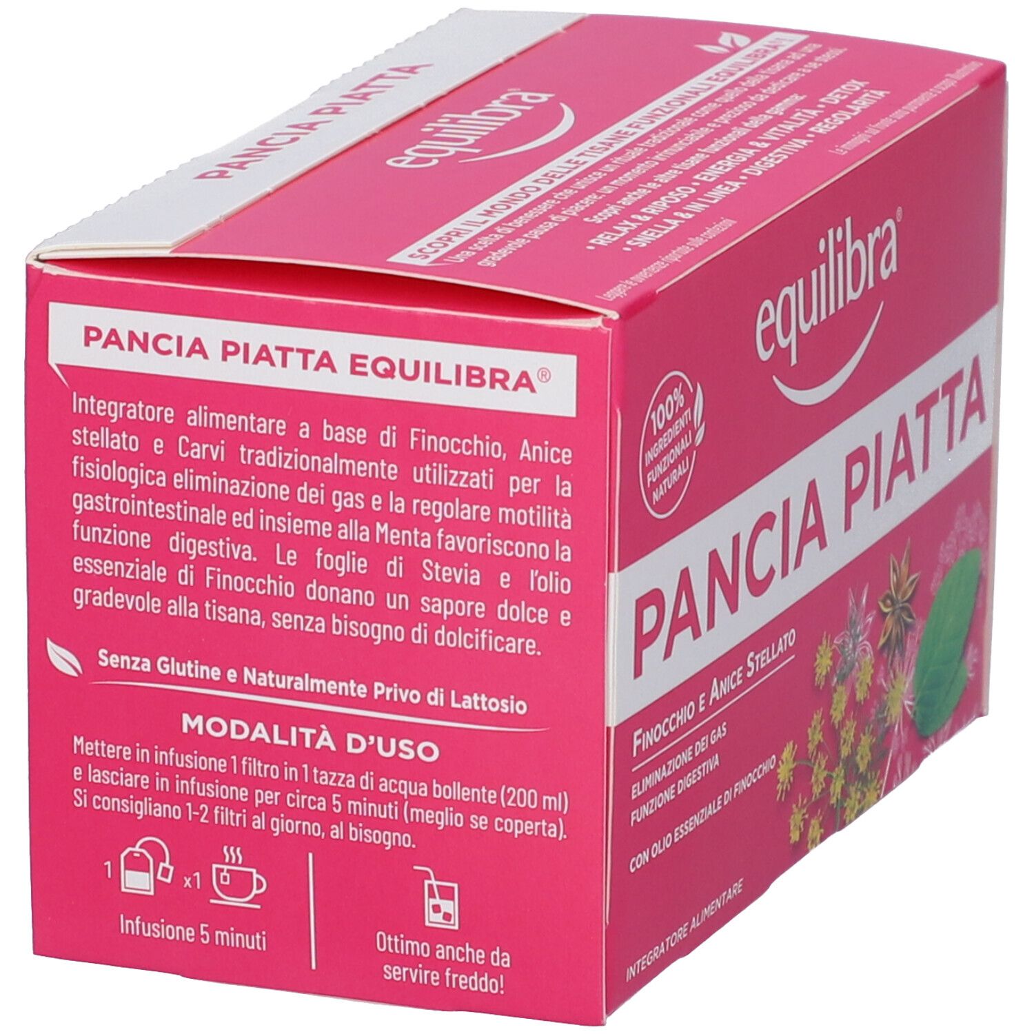 Scatola rosa con informazioni sul prodotto. Contiene finocchio, anice, stevia. Istruzioni per l'uso e senza glutine.